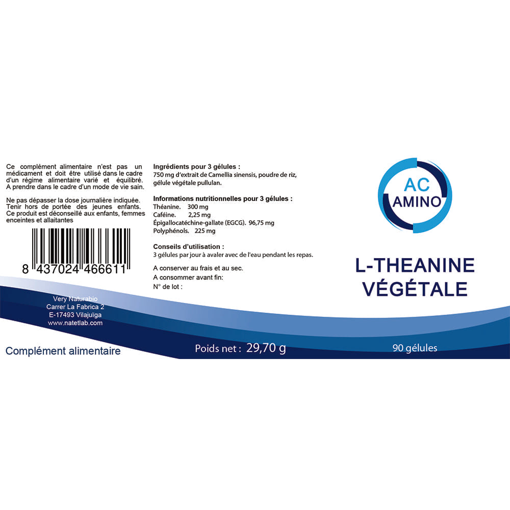 L-Théanine Végétale 250 mg – Extrait de Camellia sinensis – 90 gélules